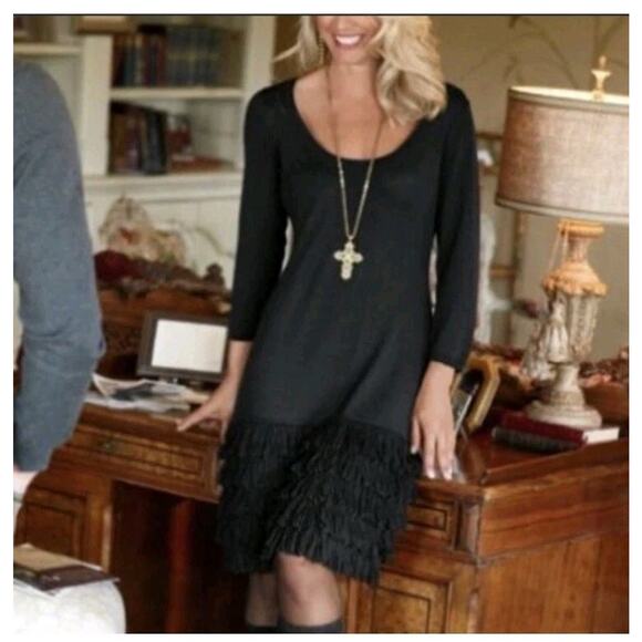 Soft Surroundings Theodora Wool Blend Black Fringe Knee Length Dress, Size Large - Picture 1 of 14